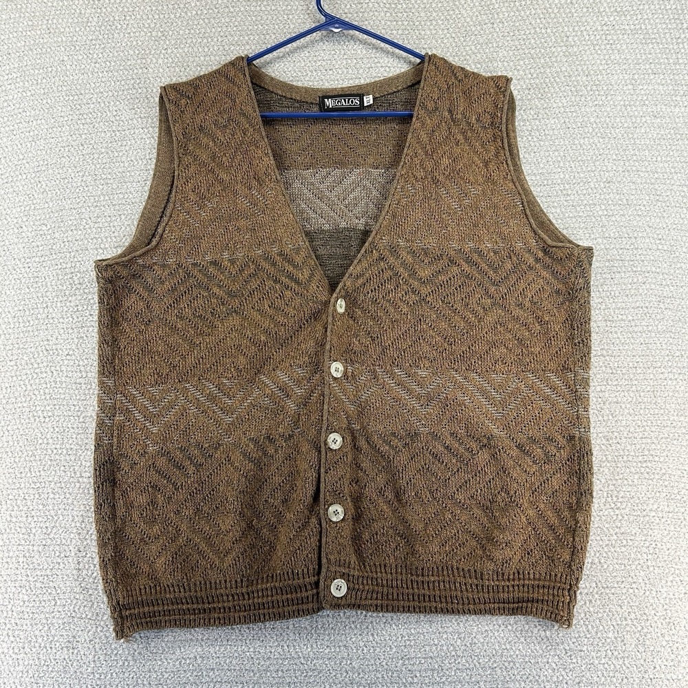 Vintage Megalos Cardigan Sweater Vest Mens XL Tall Brown Geometric Knit Grandpa